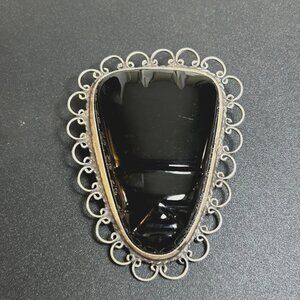 VTG Sterling Silver 925 Aztec Black Onyx Bezel Set Face Mask Brooch Size 2''